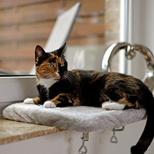 lionto Fensterliege für Katzen gepolstert aus Plüsch, 35x50 cm, Katzenbett für Fensterbänke, Montage ohne Bohren, Abnehmbarer und waschbarer Bezug, belastbar bis 15 kg, hellgrau (Namensaufdruck)