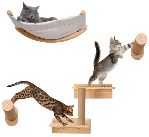 Juego de Pared trepadora para Gatos, Muebles para Gatos de 5 Piezas de Madera Maciza en Color Madera Escaleras de Pared para Gatos Tumbona para Gatos Rascador para Gatos