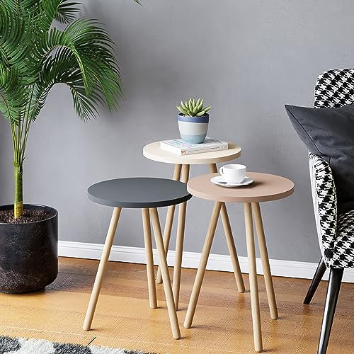 [en.casa] Satztisch Hjørring im 3er Set Kaffeetisch Rund Wohnzimmertisch Beistelltisch Couchtisch 49 x Ø34 cm Sofatisch Grau/Weiß/Rosé