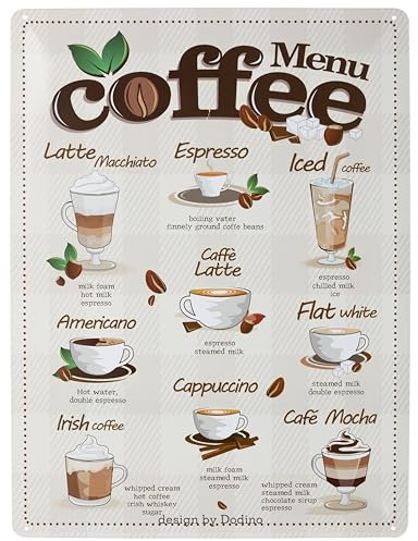 DODINO 30 x 40 cm retro cartel de chapa Coffee Menu decoración vintage cocina cafés fans de café idea idea regalo café café café capucchino, café latte descripción general receta decoración café bar