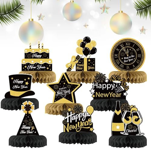 CHALA 9 Stk Silvester Deko 2025 Neujahr Tischdekoration Bienenwaben Silvester Tischdeko Schwarz Gold Neujahrsdekoration Happy New Year Deko Neujahrs Tischaufsätze Deko für Neujahr Party Silvesterdeko