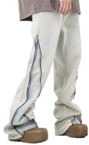 CABULE Pantaloni Hip-Hop Larghi Dritti lavati da Uomo con Cerniera Laterale dei Jeans Huangni per Uomo e Donna-Huangni-L