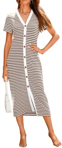 BTFBM Women Casual Summer Dresses Short Sleeve Striped Midi Dresses Decorative Button Ribbed Knit Party Dress(Brown,X-Large)