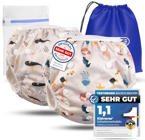 KIDVERSE 2er Set Schwimmwindel Baby 0-3 Jahre - Hautfreundliche Schwimmwindeln wiederverwendbar & saugstark - Baby Schwimmwindel mit Tasche & Wäschenetz (Beige Sea 2er)