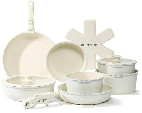 Country Kitchen Set da 15 pentole e padelle, sicure e antiaderenti, con manico rimovibile, set di pentole per camper, adatte al forno (crema)