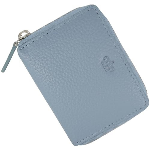 Baur Damen Geldbörse Echt Leder Geldtasche | Mini-Geldbeutel mit RFID Schutz | kleines Portemonnaie mit 6 Kartenfächer | Schein- & Münzfach | Wallet mit Rundumreißverschluss (Tauben-Blau)