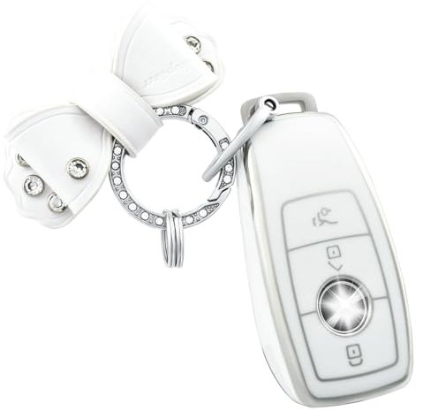 OFF WE GO Schlüsselhülle Cover für Mercedes Benz Autoschlüssel Hülle für Klasse A B C E S CLA CLS GLA GLS GLE GLC GLK SL SLC Auto Schlüssel mit Schlüsselanhänger Schutzhülle Schlüsselbox, Weiß Silber