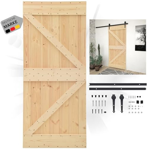 DELUKE® Schiebetür Komplettset KEOR rustikal | 100x210cm, Kiefernholz Tür mit Beschlag | Holzschiebetür Scheunentür Schiebetüren Holztür Schiebetürsystem Zimmertür Innentür