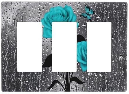 Butterfly Teal Rose Flower Floral 3 Gang Triple Rocker/Decorator Light Switch Wall Plate Cover Decorative GFCI Electrical Faceplate Switchplate Dimmer