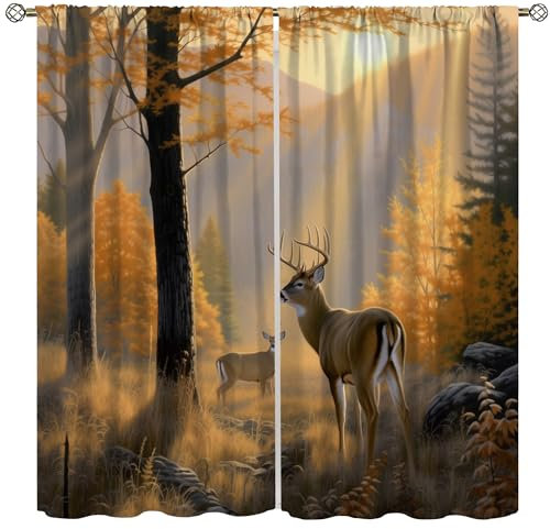 Vorhang für Schlafzimmer, rustikales Ölgemälde, Kunst, Herbst, Wald, Bauernhaus, Hütte, Jagd, wilde Elche, Tiere, Fenstervorhänge für rustikales Landhaus, Wohnzimmer, Badezimmer, 106,7 x 114,3 cm