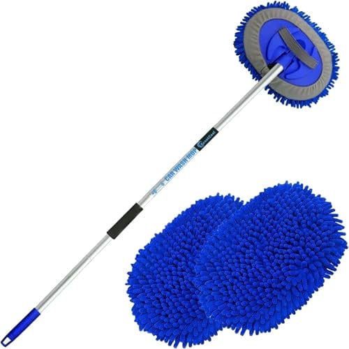 GreatCool Brosse Lavage Voiture Nettoyage à Manche Long Kit de Vadrouille, 2 en 1 Chenille Microfibre Balai Pinceau pour Véhicule Voitures Camion Caravane, sans Rayures (Bleue)