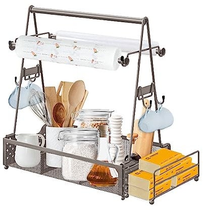 Picnic Grill Caddy, Picnic Condiment Storage Caddy with Paper Towel Holder, Outdoor Kitchen Barbecue Accessories, BBQ Camping Caddy for Plate and Utensil (Silver)