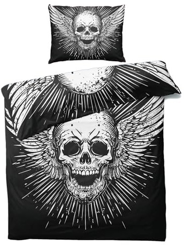 MOBEITI Totenkopf Bettwäsche 135x200, Gothic Flügel Schädel Wendebettwäsche - Deko & Geschenke, Weiche Mikrofaser Bettbezug Set 2teilig, 1 Kissenbezug 80x80, mit Reißverschluss