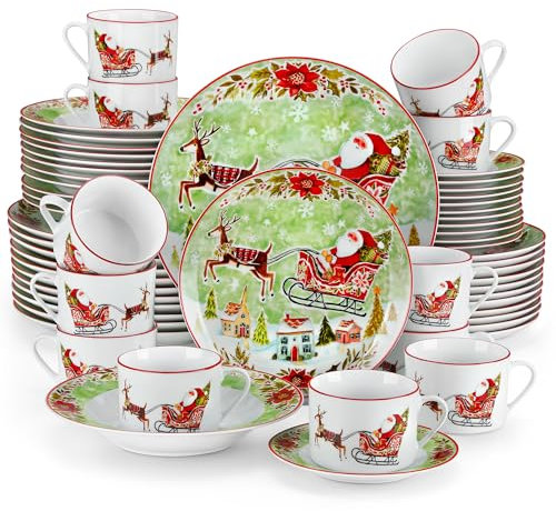 VEWEET, Serie XMAS, 60-teiliges Porzellan Weihnachtsgeschirr Set für 12 Personen, Weihnachts Kaffeeservice für 12 Speiseteller, 12 Dessertteller, 12 Suppenteller, 12 Kaffeetassen und 12 Untertassen