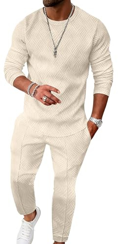 UOUA Men's 2 Piece Sweat Suits Set Long Sleeve Sweatshirt Jogging Sweatpants Tracksuits Outfits Beige 2XL