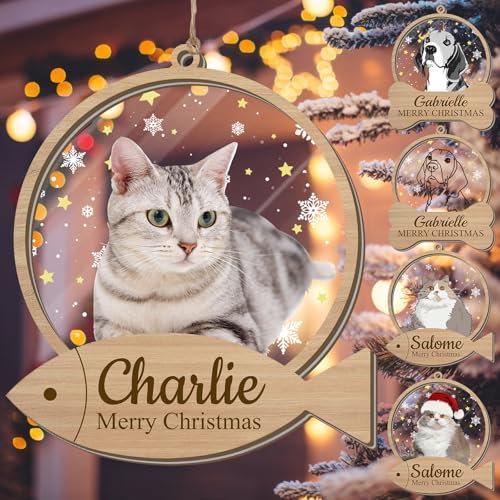 Personalised Wooden Cat Ornament for Christmas Trees with Photo Name Custom Pet Keepsake Gift for Cat Lovers