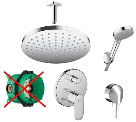 Hansgrohe Duschsystem mit Unterputz Duscharmatur von Hansgrohe Regendusche mit Armatur, Duschkopf rund, Deckenarm Dusch-SET HGK08-ob poliert