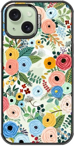 MOSNOVO Case for iPhone 15 [Compatible with Magsafe] [Buffertech 6.6ft Drop Protection] [Anti Peel Off Tech] - Clear Black - Pastel Floral Garden