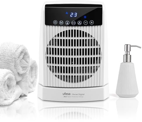 Ufesa Persei Calefactor Digital de 2000W, IP21 para Baño, 3 Niveles de Potencia Calor/Frio, Base Oscilante, Termostato Regulable, Temporizador 24h, Pantalla LED, Protección de Sobrecalentamiento y A