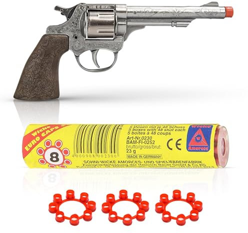 Diecast Metal Cowboy Gun and 8 Shot Ring Gun Caps Bundle Best For, toy guns for boys, cap guns for kids, pretend weapons, revolver gun