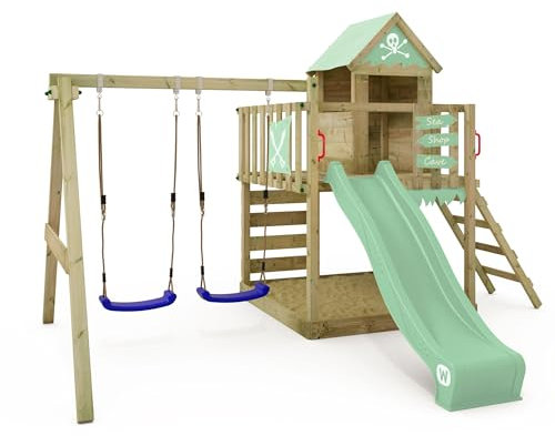 WICKEY Spielturm Klettergerüst Smart Cave mit Schaukel & Rutsche, Outdoor Kinder Kletterturm mit Sandkasten, Leiter & Spiel-Zubehör für den Garten (Pastellgrün)