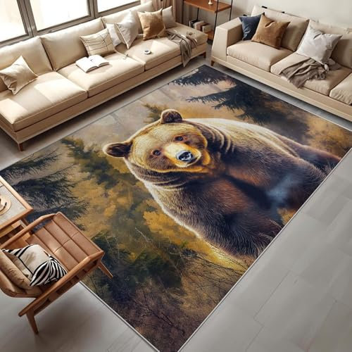 MIATCENRT Alfombra Salón Pelo Corto 120 x 170cm, Bosque Oso Grizzly Alfombra de área Animales Imitación Cachemira, Antideslizantes y Lavable, Decoracion para Dormitorio,Comedor,Interiores