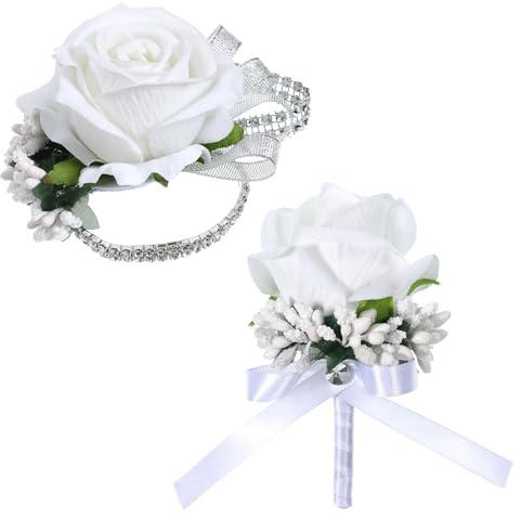 White Rose Corsage & Boutonniere Set, Rhinestone Wristlet Wedding Flowers