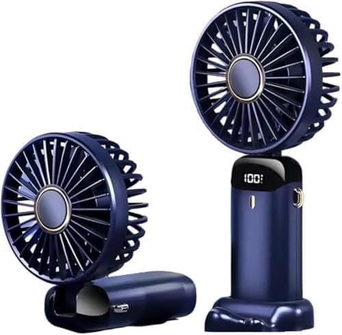 Hand Held Fan,Portable Handheld USB Rechargeable Fans with 5 Speeds,Battery Operated Mini Fan Foldable Desk Desktop Fans with LED Display for Home Office Bedroom Outdoor Travel (Dark Blue)