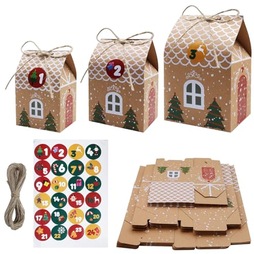 Noviatrix 24 Stück Adventskalender Häuschen, Adventskalender zum Befüllen | Drei Größen von Adventskalendertüten mit 1-24 Zahlenaufklebern Geeignet für Weihnachten