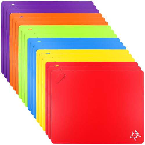 FUNSUEI Juego de 18 Tablas de Cortar de Plástico Flexible, 38 x 30,5 cm, 6 Colores con Símbolos de Alimentos, Antideslizante, Apto para Lavavajillas, para Cocina, Verduras, Frutas, Carnes