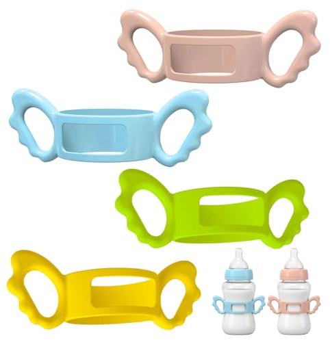 Handles for Bottles, 4-Pack Baby Bottle Handle Set,Silicone Wide-Neck Baby Bottle Handle,Encourages Independent Drinking for Babies,(Orange+Green+Blue+Pink)