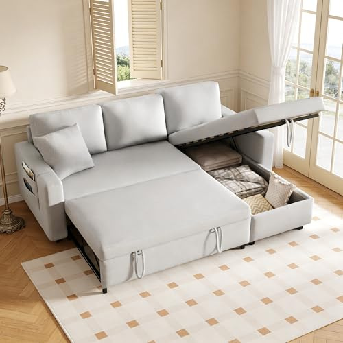 Wyibwy Sofá esquinero en forma de L con función de cama y espacio de almacenamiento, sofá de 3 plazas con cama extraíble y bolsillos de almacenamiento, sofá cama con península intercambiable, sofá