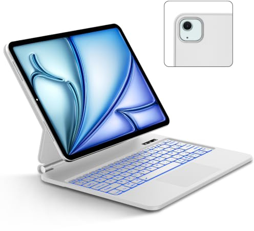 FOGARI Étui Clavier pour iPad Air 13 (M4/M3/M2)/iPad Pro 12.9 (6/5/4/3 Gén) | Magic Keyboard Trackpad Français AZERTY, Silencieux Bluetooth 7 Couleurs Rétroéclairé Clavier, Chargement Via USB-C, Blanc
