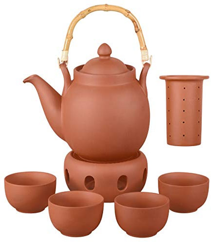 Aricola Ton Teeservice Tenno 6-teilig. Bestehend aus Ton Teekanne 1,6 Liter, Stövchen und 4 Tontassen. Handgefertigt, Original