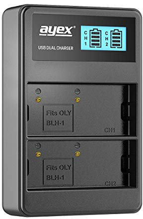 Ayex USB Dual Charger for Olympus BLH-1 Batteries - Charges via USB-C to Laptop and Power Bank with LCD Charge Indicator