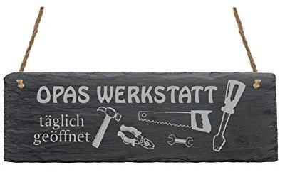 Dekolando Schild Opas Werkstatt Schieferplatte Geschenk Opa 22cm x 8cm Schiefer Schiefertafel Geschenke Geburtstag Geburtstagsgeschenk Außen Tafel Türschild Werkstattschild