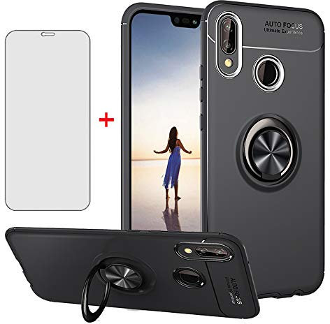 Asuwish Handyhülle für Huawei P20 Lite Hülle mit Glas Folie Schutzfolie und Silikon TPU Magnetisch Ring Ständer Hawaii P 20 P20lite 20P ANE-LX1 Nova 3E Slim Handy Hüllen Schutzhülle Phone Case Schwarz
