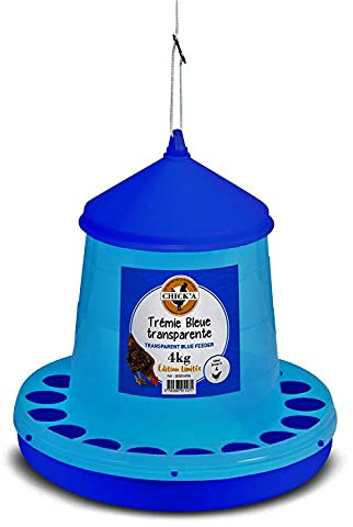horizont CHICK'A Futterautomat für Hühner 4 kg, Blauer Futterspender für Ihren Hühnerstall, Futtertrog Vogeltränke hängend, ideales Hühner Zubehör, Futter aus Automat