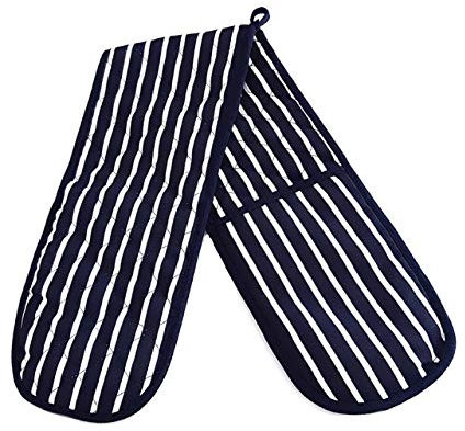 Molly Malou Double Oven Gloves Butcher Stripe Quilted Cooking Pot Holder Heat Resistant Mitt - Navy Blue