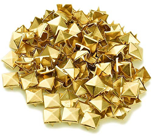 WedDecor Pyramide Forme Pointe Carré Clous Dent Clou Tête Rivets pour Décoration Ceintures, Sacs, Chaussures, Travail du Cuir, Punk & Gothique Mode Accessoires, 50pcs - Doré - 8mm, 100pcs