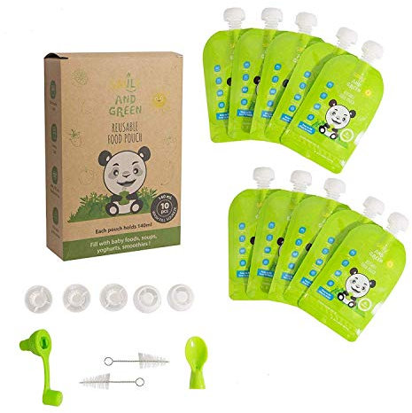 |Lot de 10| gourde compote rechargeable 140 ml ★ gourde réutilisable ★ écologique et zéro déchets ★ facile à remplir et à nettoyer BONUS: goupillons, cuillère, embout, bouchons