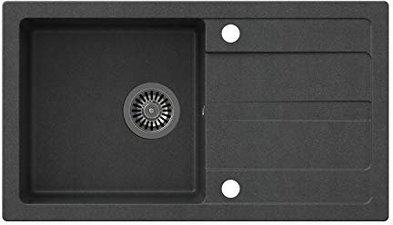 VBChome Spüle 77 x 44 cm Schwarz Granit Einzelbecken Einbauspüle Abtroffläche gesprenkelt reversibel Verbundspüle + Siphon Spülmittelspender