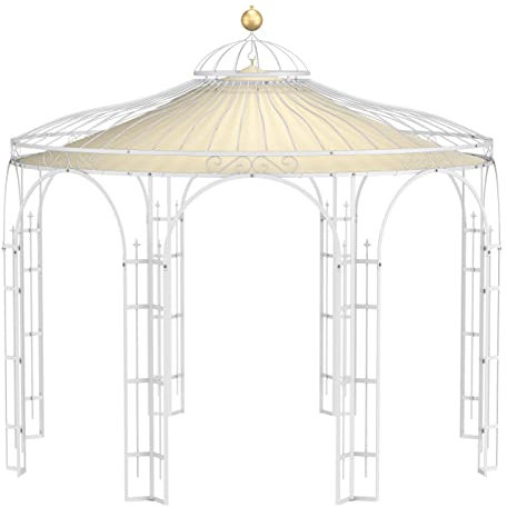 ELEO Pavillon Florenz weiß mit Sonnensegel und Dekorkugel - rund 4x4 m Rankpavillon für den Garten handgeschmiedet Schmiedeeisen romantisch - Rosenpavillon Metall stabil Weiss - mit Sonnenschutz Dach