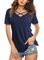 Beluring Damen Basic Solide Kurzarmshirt Lässige Sommer Gekreuzter Kragen Tunika T-Shirts Tops Dunkelblau L