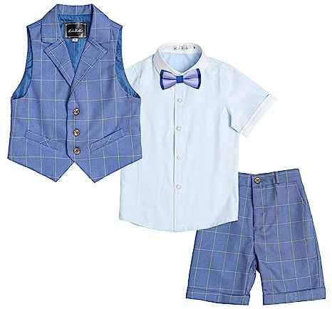 LOLANTA 4-teiliger Kinder Freizeit Anzug Set, Jungen Sommer Festlich Hochzeitsanzug, Kurzarm Hemd, Fliege, Weste, Kurze Hose, dunkelblau kariert, 5-6 Jahre, 130