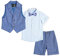 LOLANTA 4-teiliger Kinder Freizeit Anzug Set, Jungen Sommer Festlich Hochzeitsanzug, Kurzarm Hemd, Fliege, Weste, Kurze Hose, dunkelblau kariert, 5-6 Jahre, 130