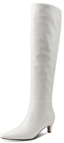 Elegante punta quadrata in pelle opaca slip on autunno inverno ampio polpaccio comfort slouch basso tacco gattino vestito sopra il ginocchio stivali alti, bianco, 41 EU