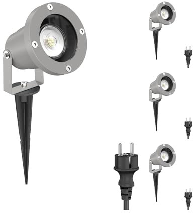 ledscom.de 4 Stück Gartenstrahler DUK mit Erdspieß für außen, IP65, Stecker, grau, inkl. GU10 LED 510lm warmweiß