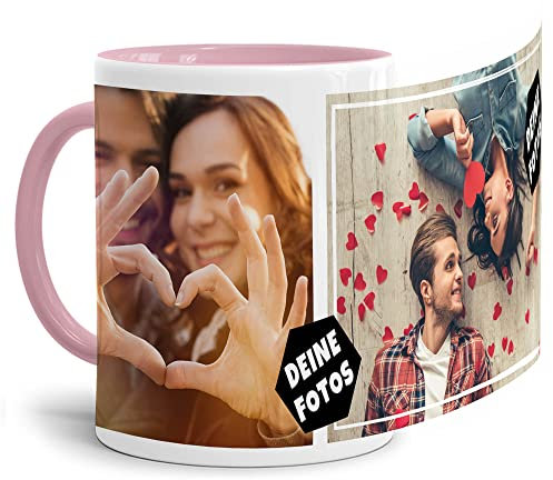 Foto-Tasse zum selbst gestalten mit Foto-Collage für 2 Wunschfotos - Geschenk für Familie, Freunde, Geburtstag, Weihnachten - Keramik Innen & Henkel Rosa, 300 ml I Personalisiert