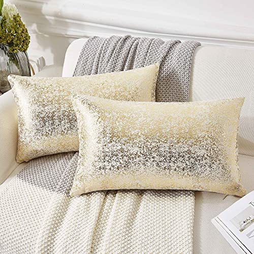 EUCIOR Champagne Throw Pillows 12x20,Gold and White Pillow Covers,Set of 2,Glitter Decorative Velvet Pillow Covers,Solid Color Cushion Covers for Sofa Bedroom Car